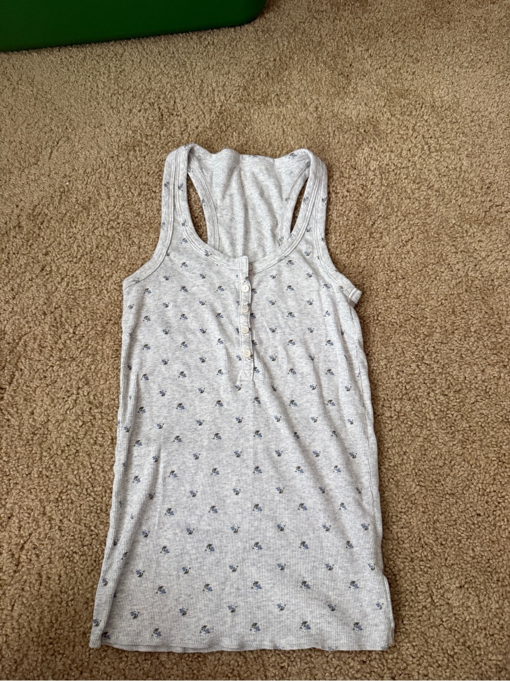 aerie Light Gray Ribbed Henley Racerback Tank with Navy Dot Floral Print